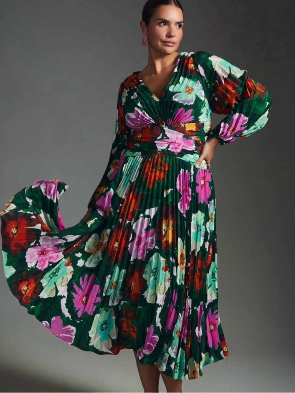 Anthropologie Emerald Floral Pleated Midi V Neck Dress